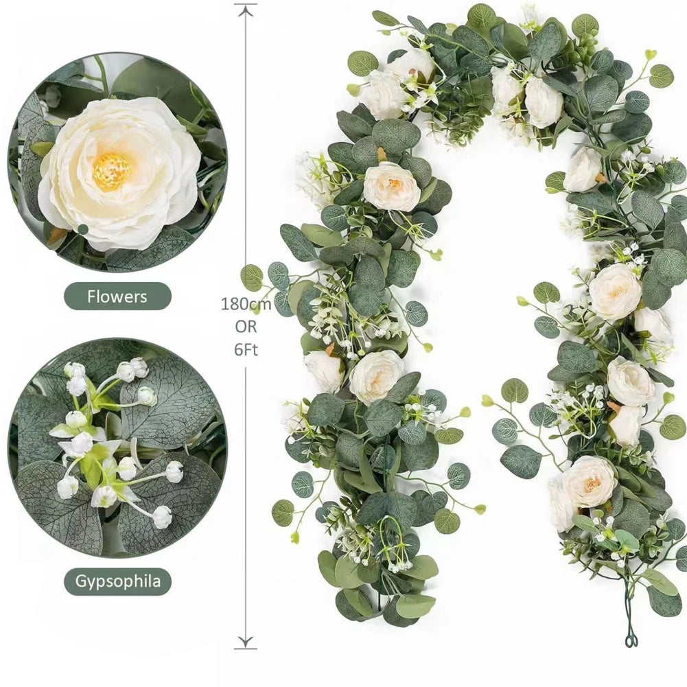 2Pcs 180CM Rose Vine Garland Artificial Flowers Leaves Decorative Wreath