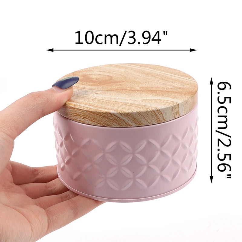 Cylindrical Wood Grain Cover Tin Box Metal Storage