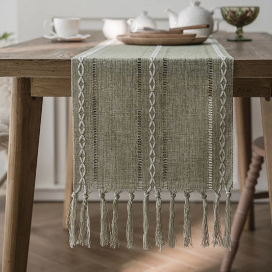 Cotton Linen Blended Table Runner, Hand-woven Tassels Perfect