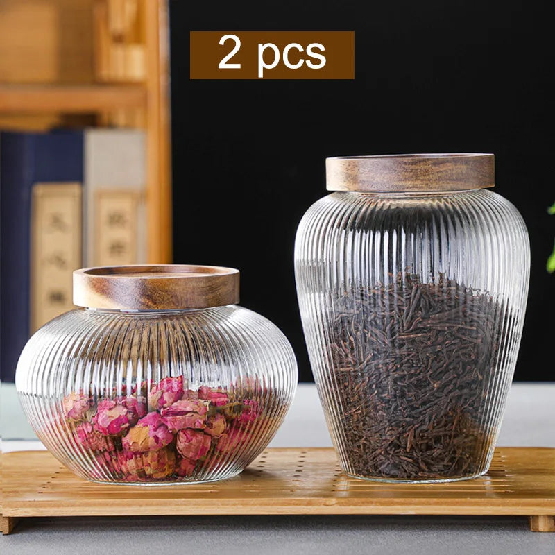 Wood Lid Glass Airtight Canister Kitchen Storage Bottles Jar