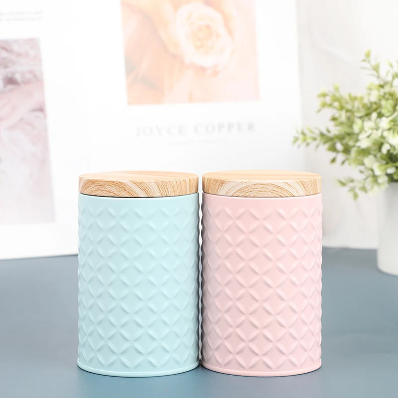 Cylindrical Wood Grain Cover Tin Box Metal Storage