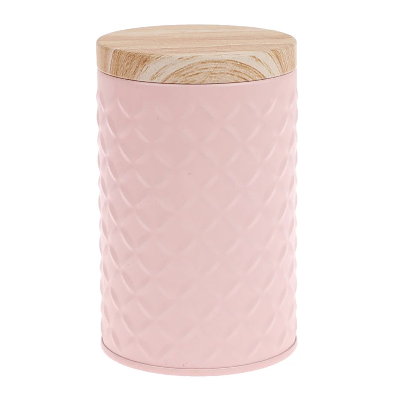 Cylindrical Wood Grain Cover Tin Box Metal Storage