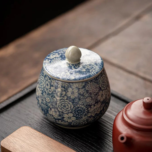 Blue and White Porcelain Tea Candy Sealing Jar Vintage